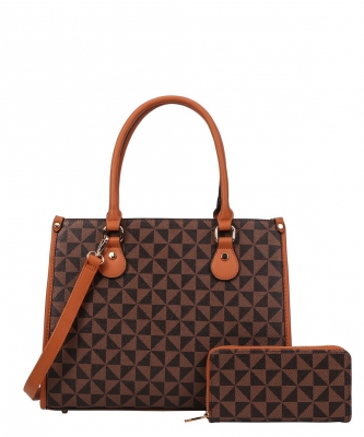 2 in 1 Designer Two-Tone Monogram Satchel  Set 007-8636B BROWN